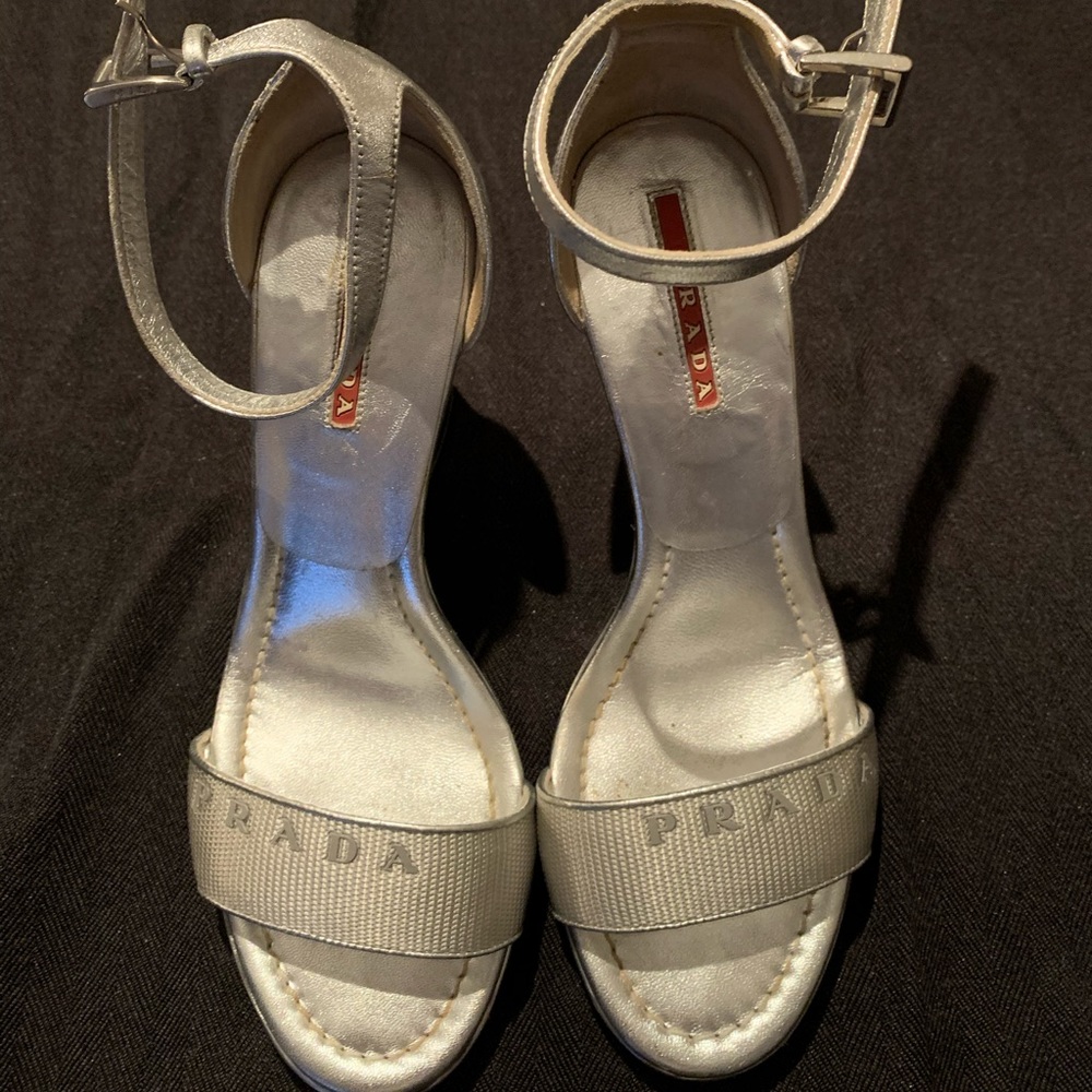 Authentic Prada silver wedges, size 5